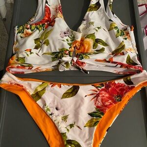 Cupshe White Floral Tie-Front Bikini Top with Reversible Bottoms